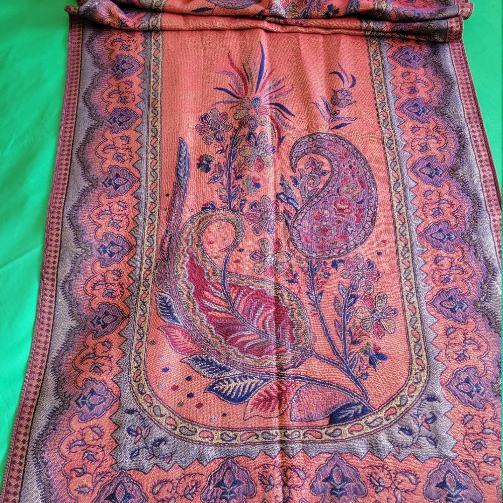 Reversible Tasseled Pashmina Scarf, Multicolored Pattern with Shimmering Threads